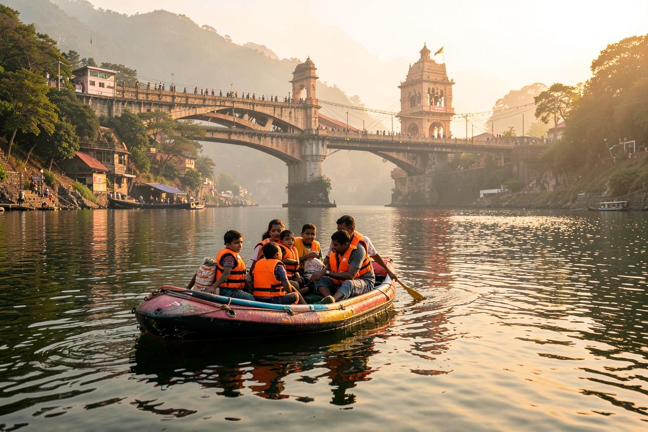 Family with children in life jackets rafting calm water near Ram Jhula, Rishikesh