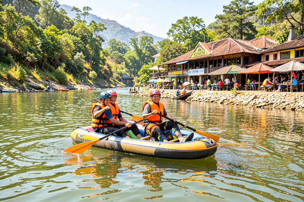 Beginner rafters paddling gentle water near the Clubhouse put-in at Rishikesh