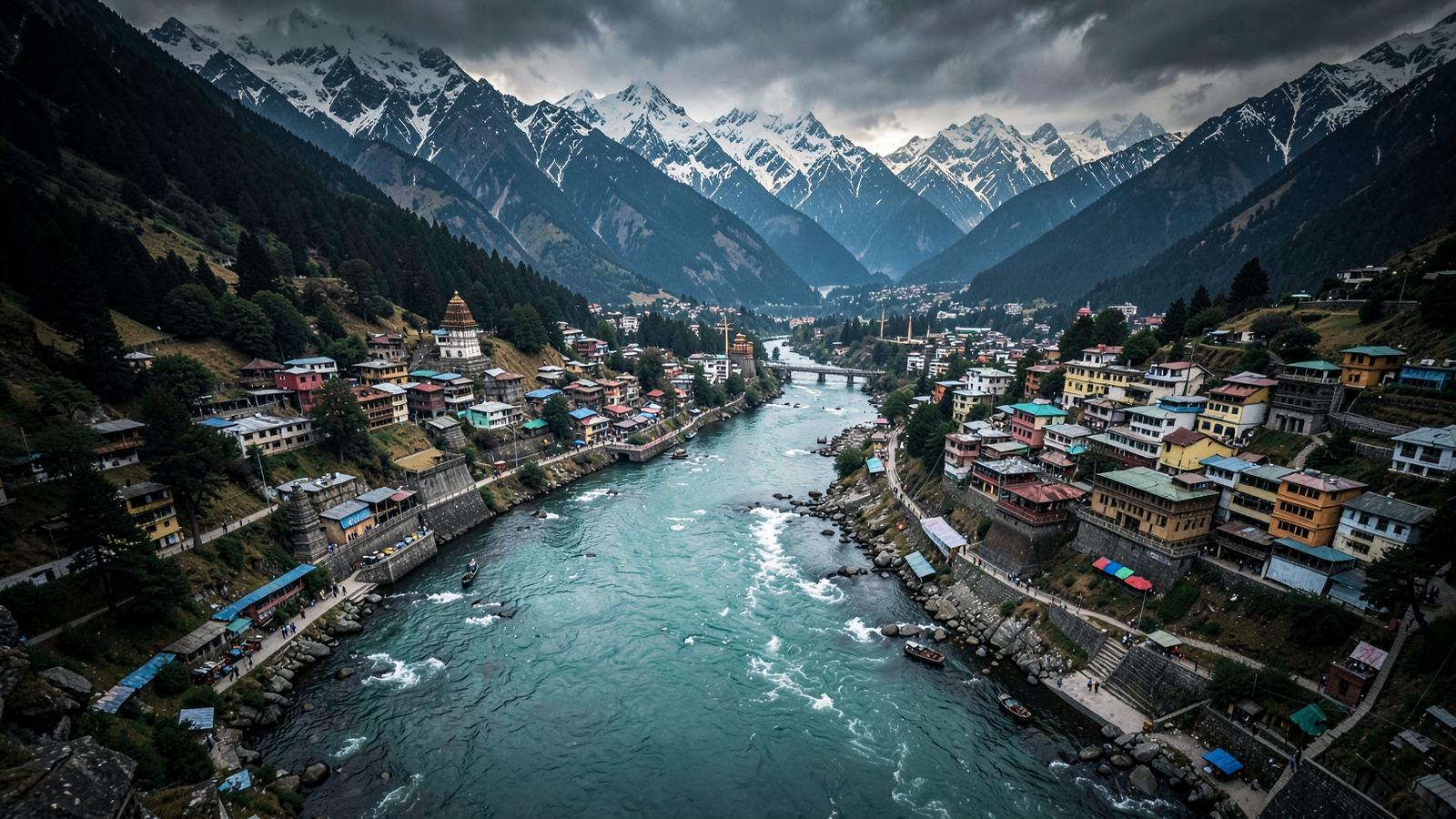The confluence of the Bhagirathi and Alaknanda rivers at Devprayag seen from above
