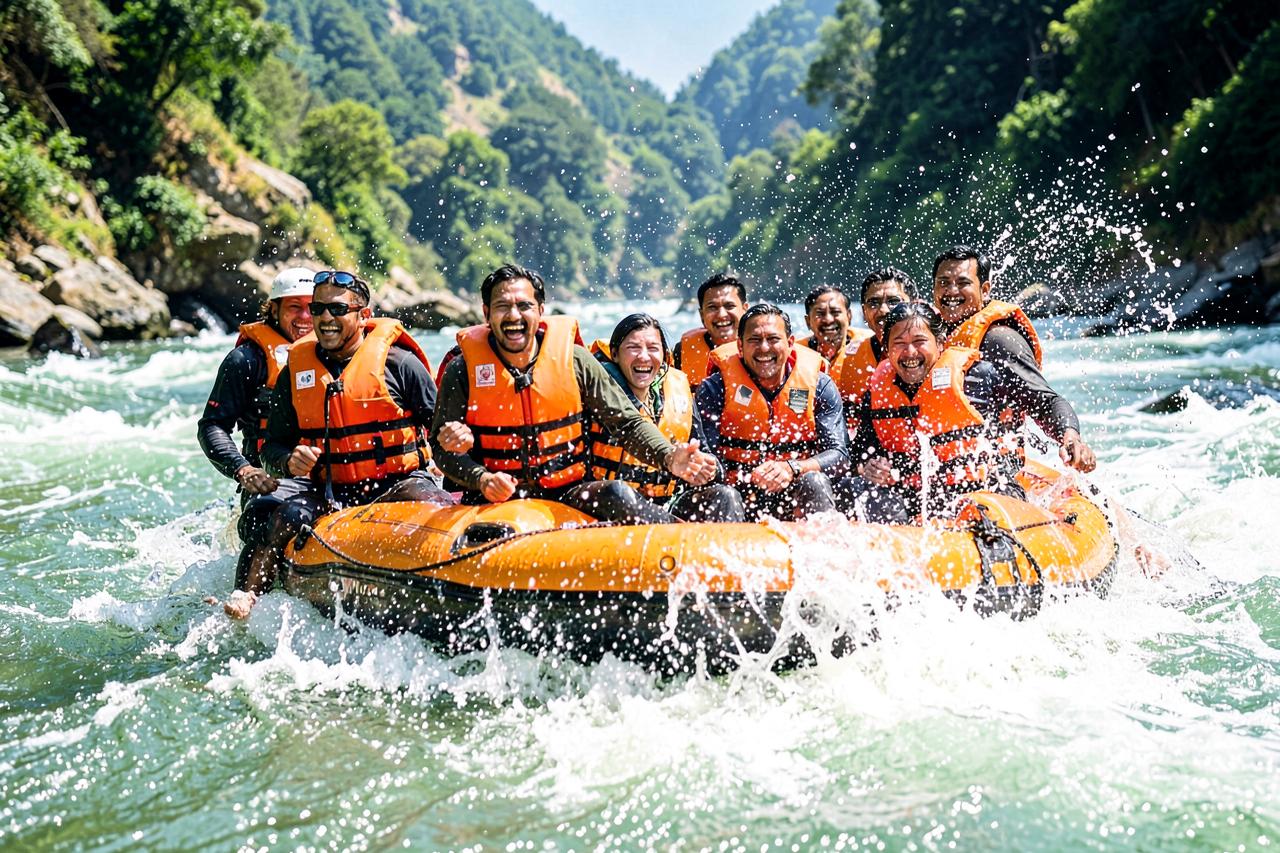 Rafters in orange life jackets laughing as a wave breaks over their raft near Shivpuri
